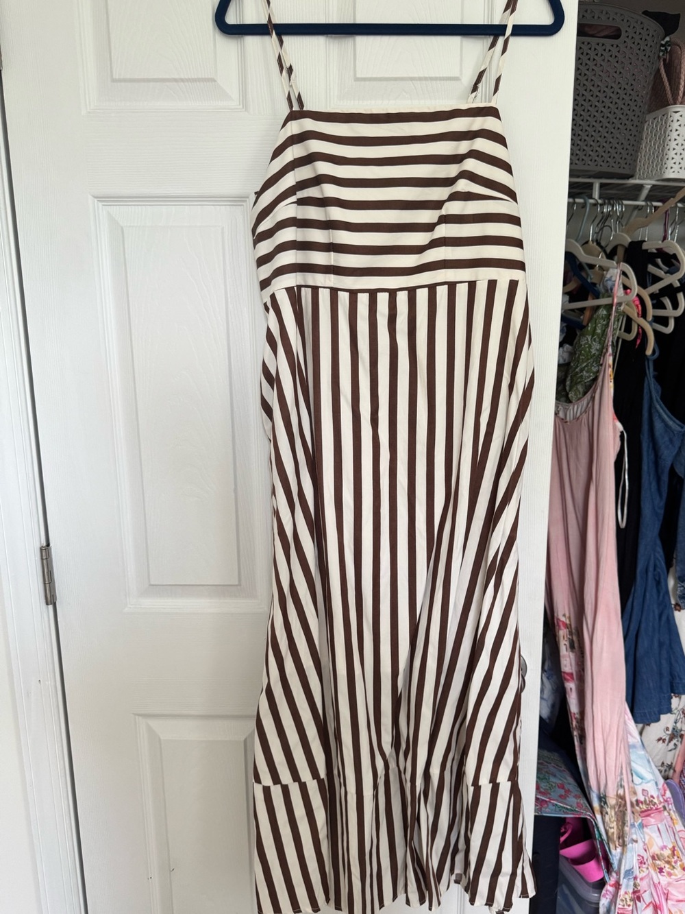 Brown and White Striped Maxi Dress with Spaghetti Straps